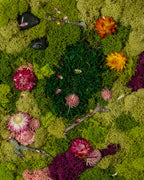 Bright and dark green moss wall with coloured flowers and wood sticks fine art print