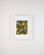 Blue and yellow moss wall with bright yellow flowers fine art print inspired by birds of paradise on white wall