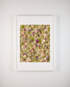 Nude, blush, and purple flowers on light green and nude moss wall in frame fine art print