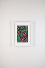 Pink flowers on purple and pacific green moss fine art print