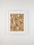 Framed artwork of soft pastel flowers on nude beige moss fine art print