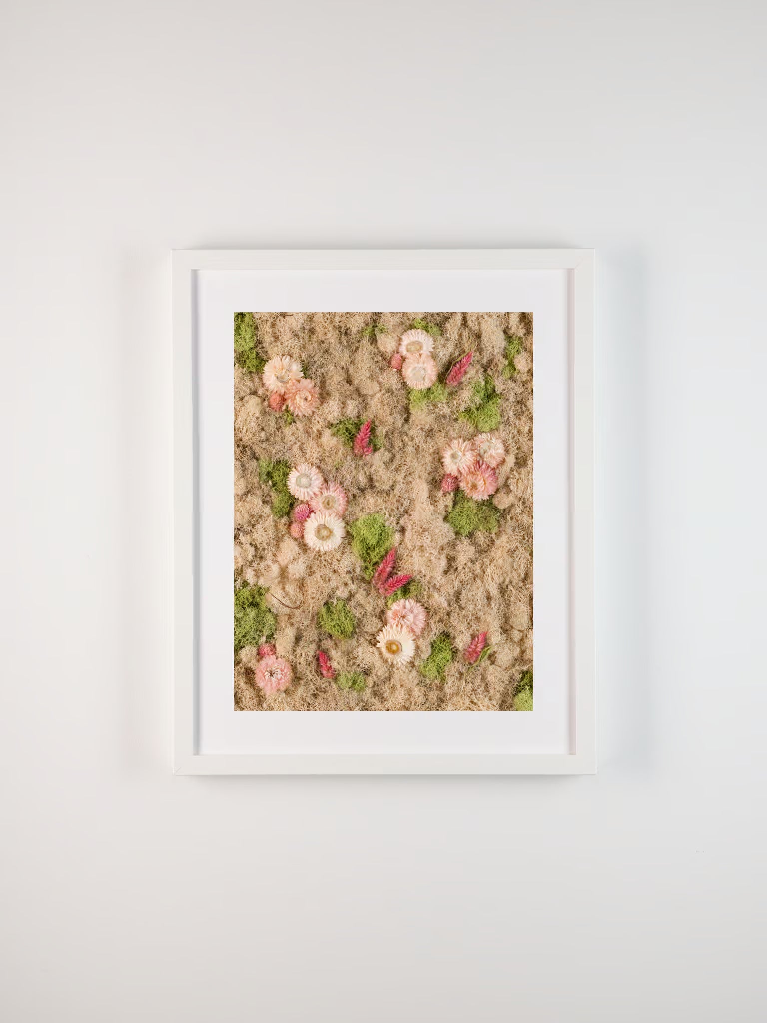 Framed artwork of soft pastel flowers on nude beige moss fine art print