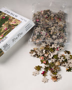 504 piece jigsaw puzzle pieces in a bag of green moss wall with flowers and wood 