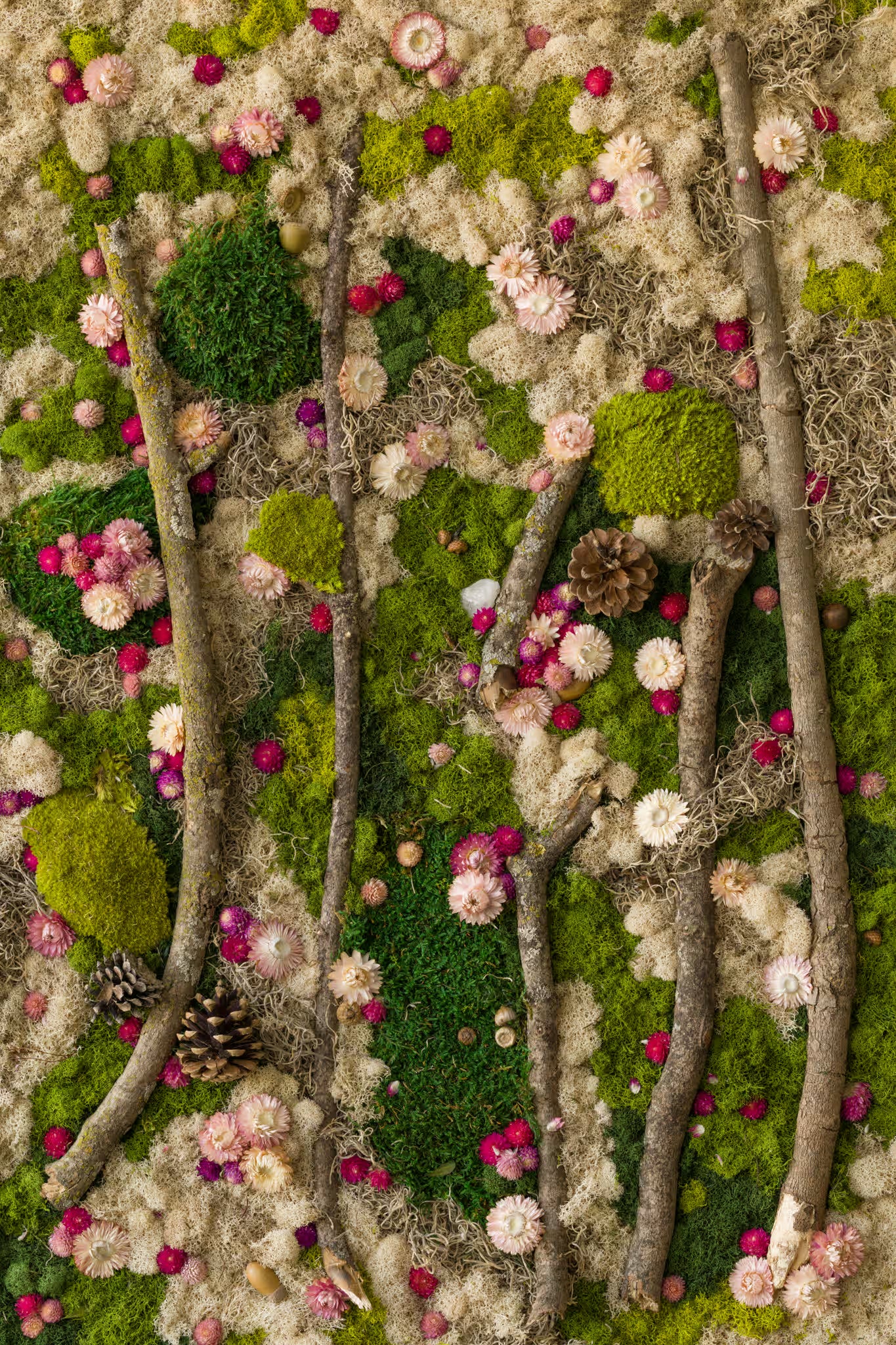 Framed fine art print of a forest scene with green moss foliage and pink flowers on a white wall.