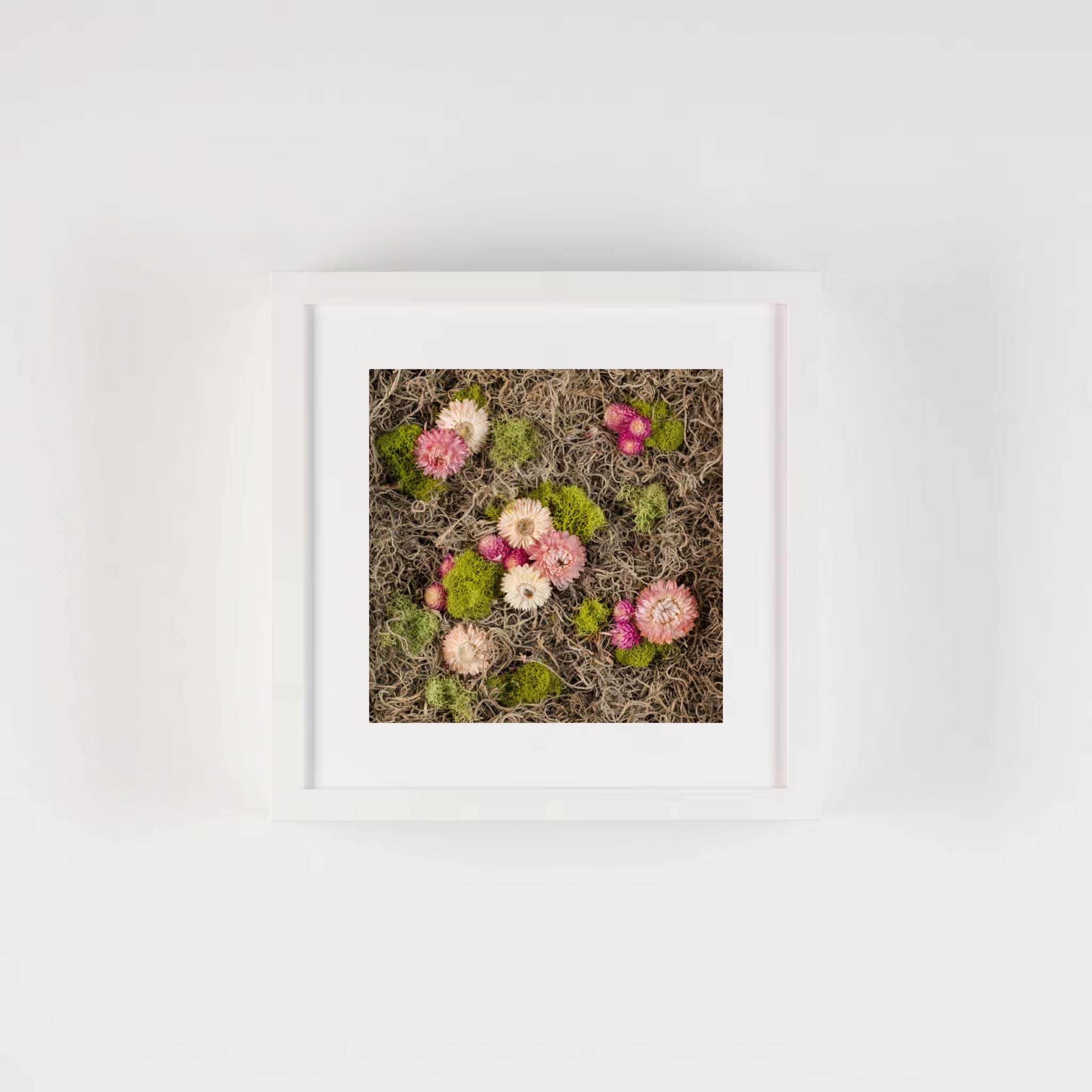 Framed fine art print of Soft pink, fuchsia, and white flowers with green and Spanish moss 