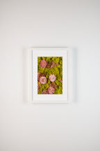 Pink flowers and pinecones on a spring green moss background fine art print
