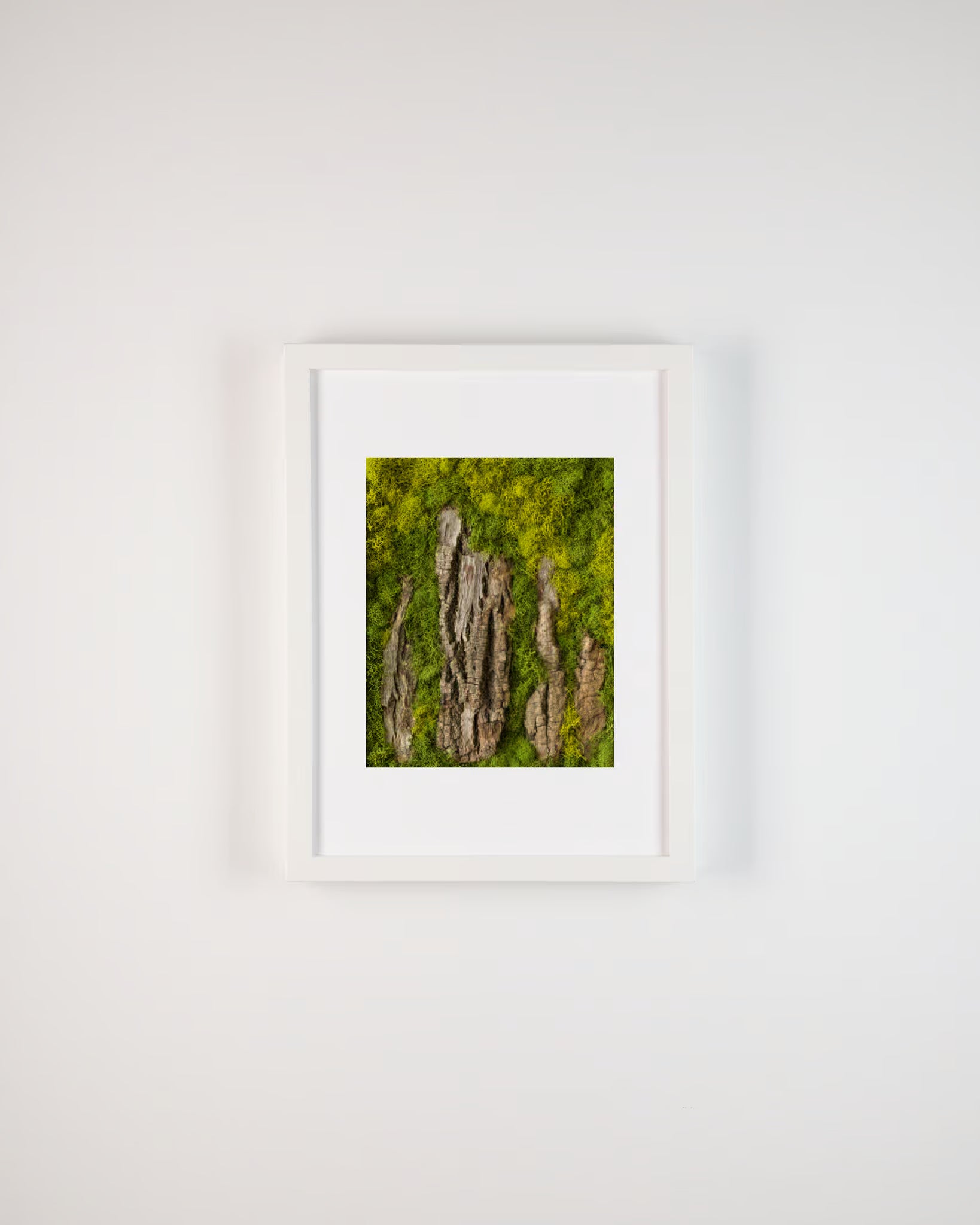 Moss wall with textured dark wood bark pieces fine art print inspired by Stonehenge in white frame on wall