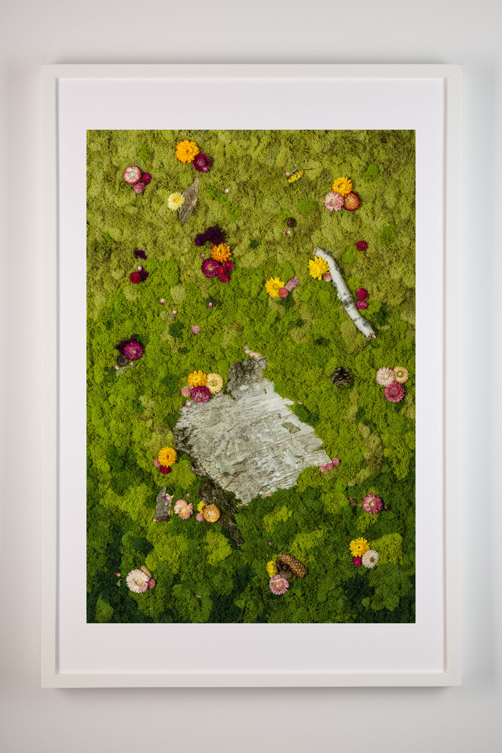 Bright to dark green ombre moss wall depicting a forest floor with birch bark and flowers fine art print on white frame