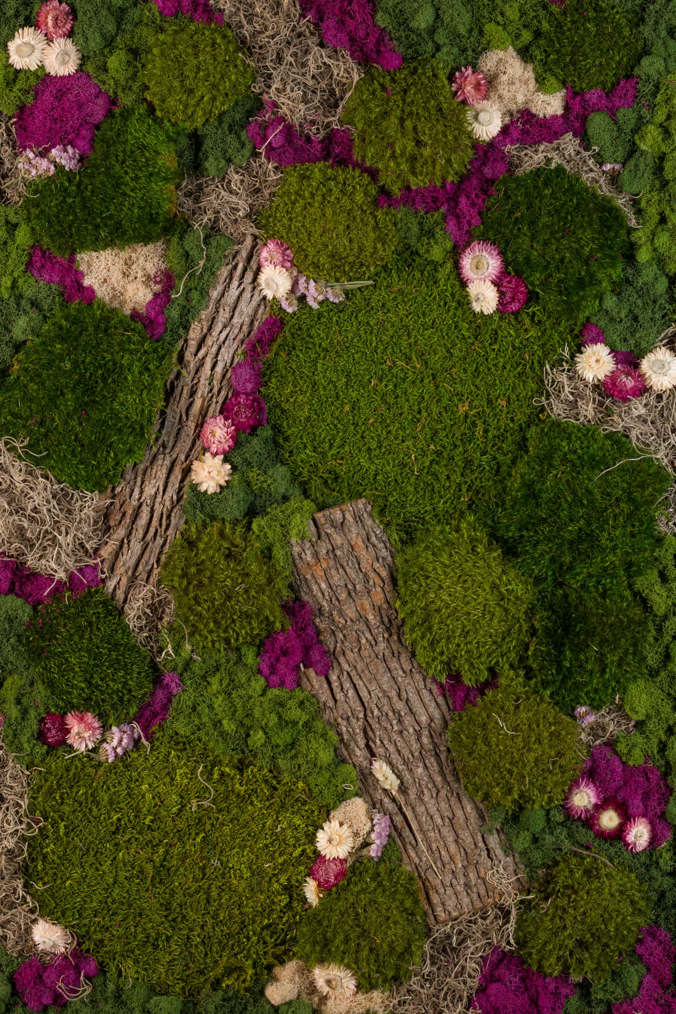 Moss wall with purple and white flowers and wooden bark fine art print
