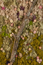 Nude and green moss wall with wooden log and blush flowers fine art print